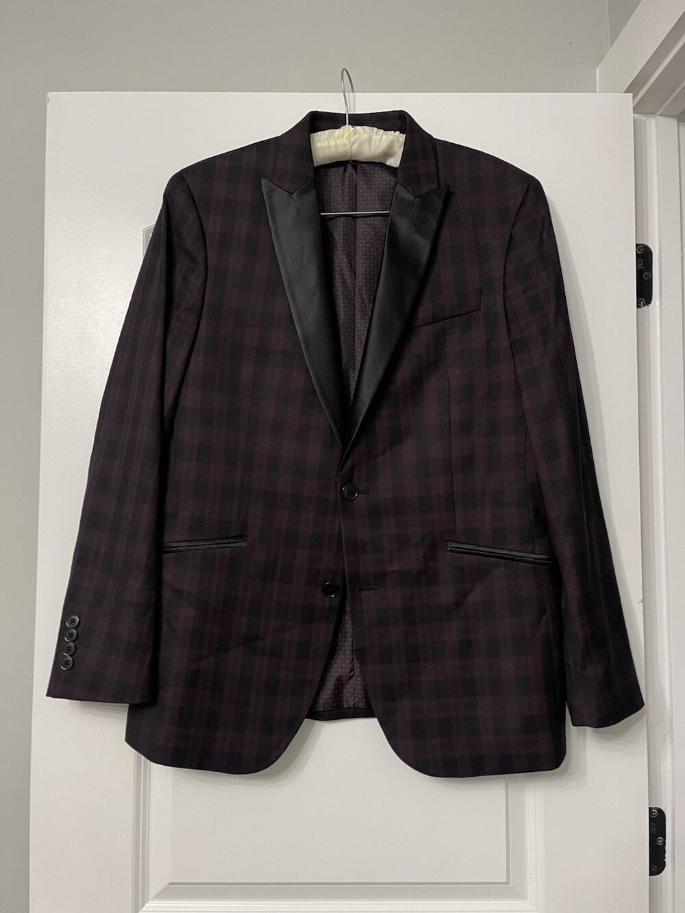 Madison Slim Fit Plum Black Check Tuxedo Blazer Jacket Satin Lapel Dark Academia